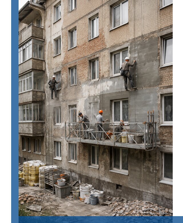 Капитальный ремонт фасада в Гудермесе с восстановлением и гидроизоляцией