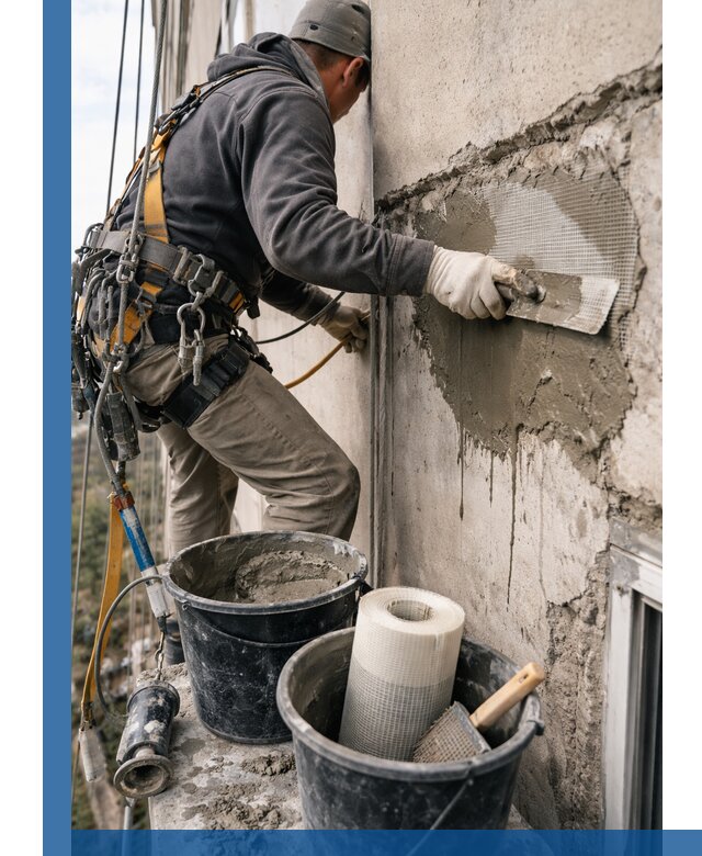 Ремонт бетонных элементов фасада промышленными альпинистами в Гудермесе