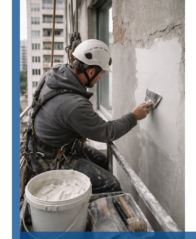 Шпаклевка фасадов на высоте с промальпинистами в Гудермесе