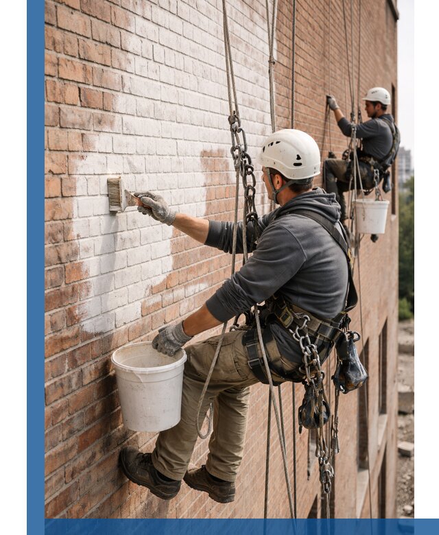 Покраска кирпичного фасада с доступным альпинистским сервисом в Гудермесе