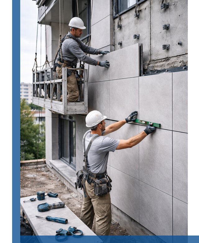 Монтаж керамогранита на фасад в Гудермесе под ключ с гарантией качества