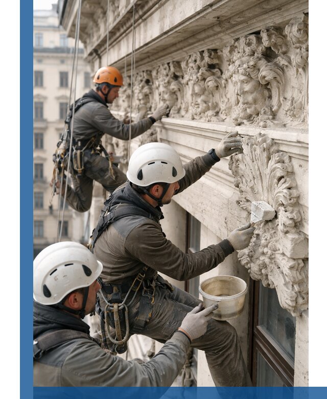 Реставрация фасадной лепнины с высотными работами в Гудермесе