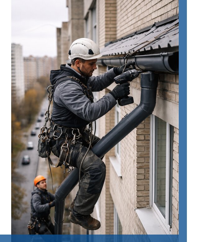 Монтаж водосточной системы на здании в Гудермесе от 5124 р. | ВЫСОТНИК-Гдр