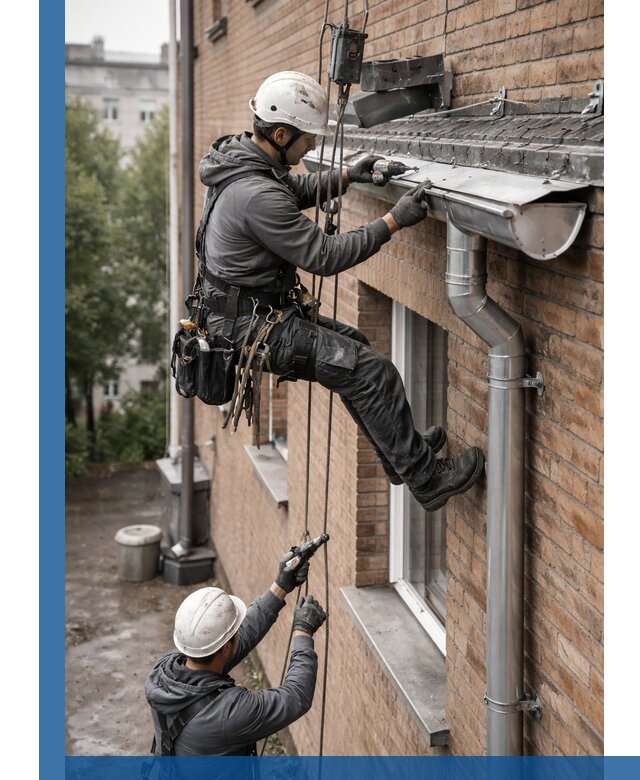 Монтаж водосточной системы на здании в Гудермесе под ключ