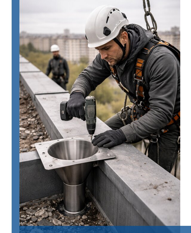 Монтаж водосточных воронок в Гудермесе для промышленных зданий