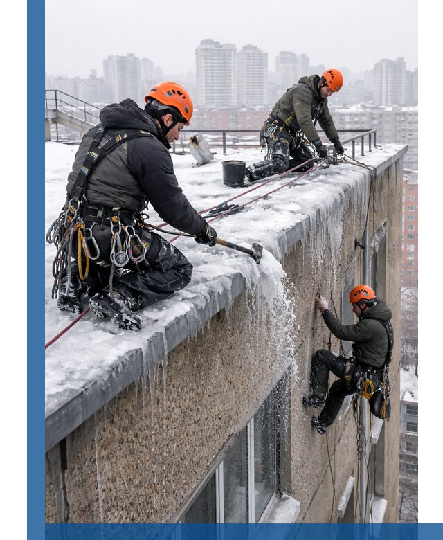 Удаление наледи с кровли в Гудермесе промышленными альпинистами