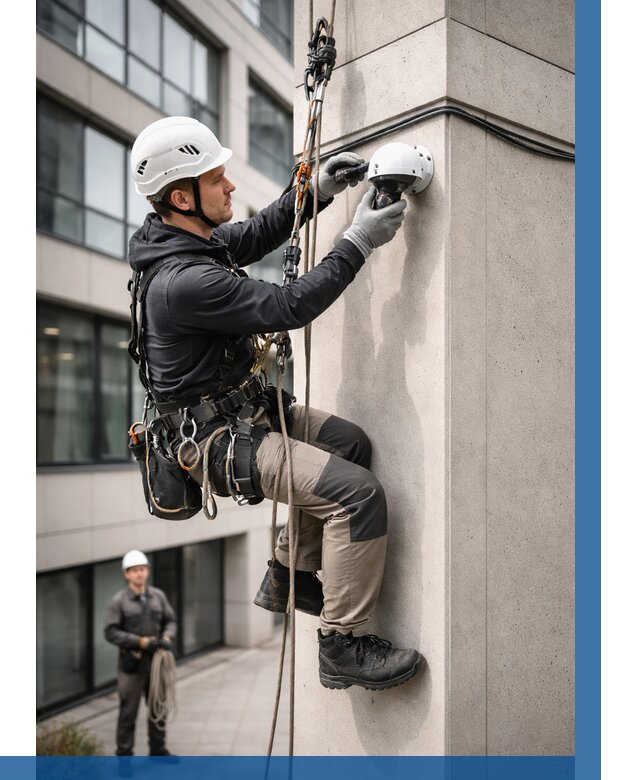 Монтаж камер видеонаблюдения на фасаде в Гудермесе от 8710 р.-ВЫСОТНИК-Гдр