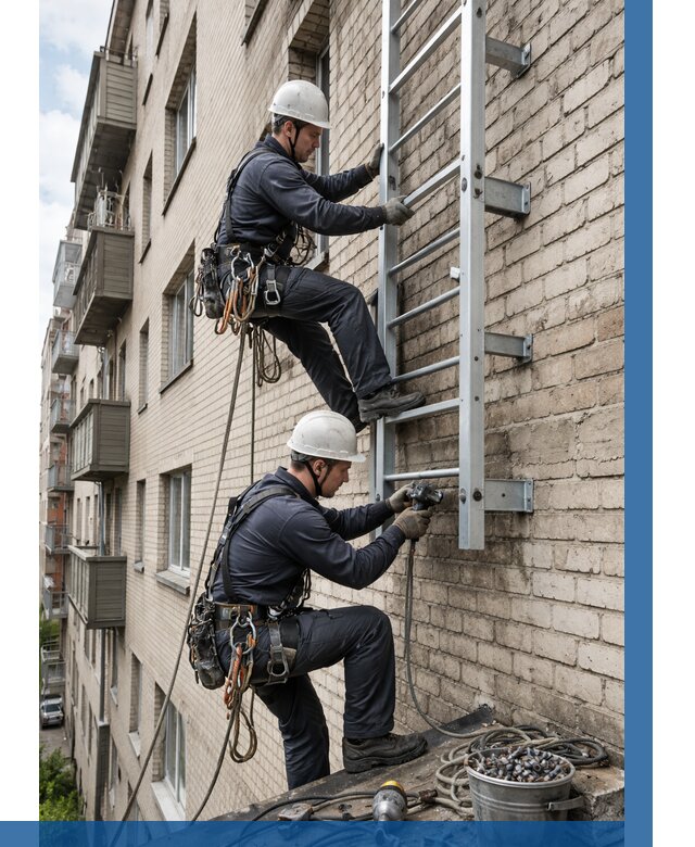Монтаж пожарной лестницы в Гудермесе от 25618 р заказать у ВЫСОТНИК-Гдр