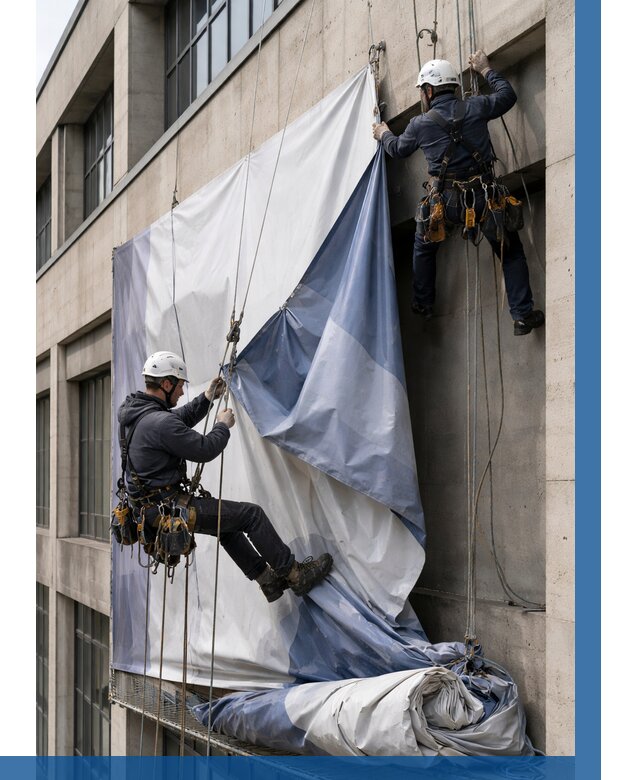 Демонтаж баннеров с фасада в Гудермесе от 4611 р. | ВЫСОТНИК-Гдр