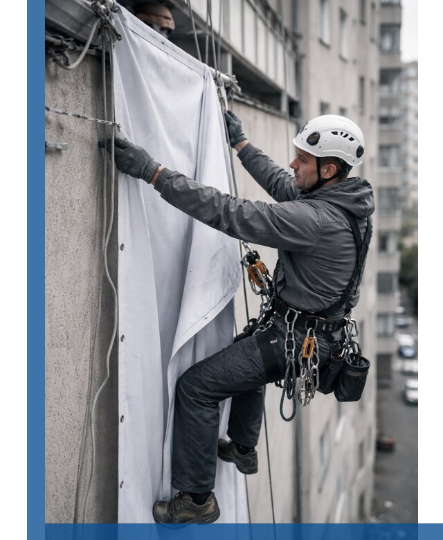 Замена баннерного полотна промышленными альпинистами в Гудермесе