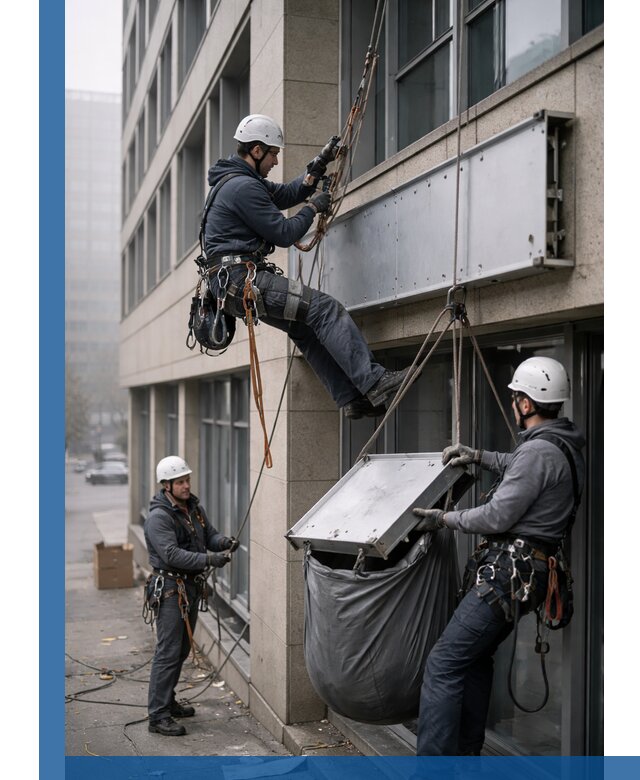 Демонтаж рекламной вывески с высотными работами в Гудермесе