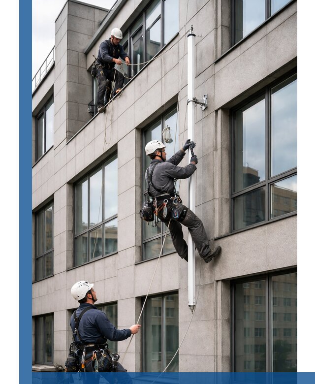 Монтаж флагштока на фасаде здания с креплением и герметикой в Гудермесе