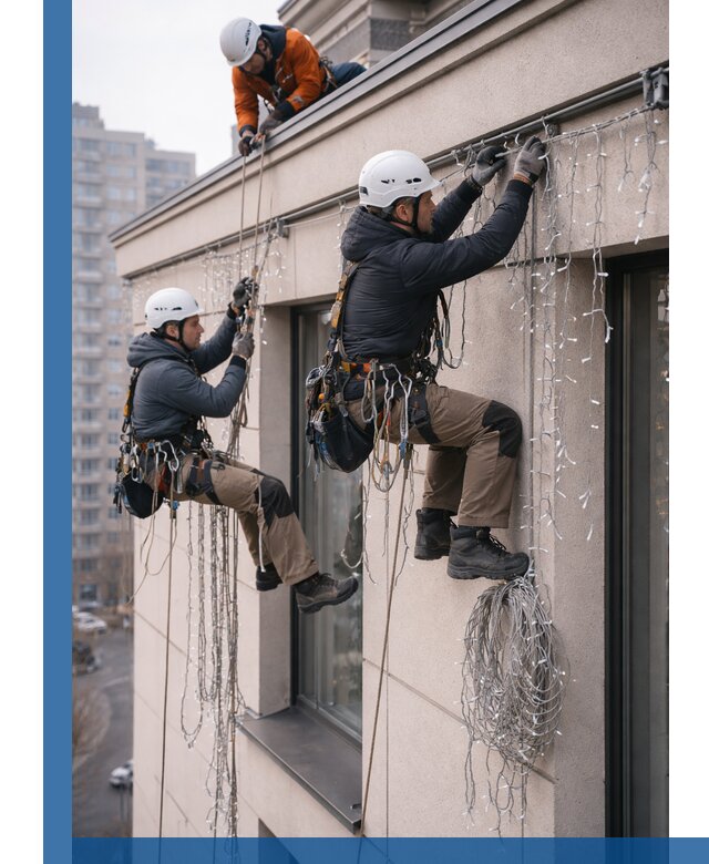 Монтаж праздничных гирлянд на фасаде в Гудермесе для зданий