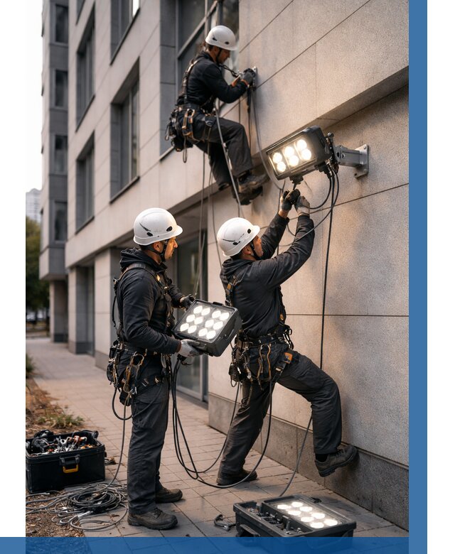 Монтаж прожекторов на фасаде в Гудермесе от 7685 р. | ВЫСОТНИК-Гдр