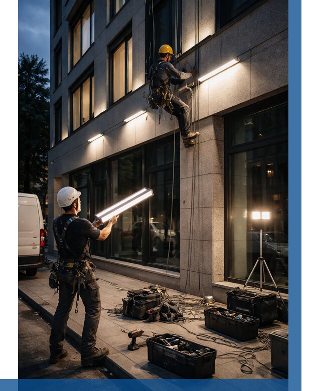 Монтаж архитектурной подсветки здания в Гудермесе от 2562 р.|ВЫСОТНИК-Гдр