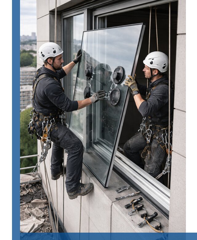 Замена стеклопакетов на высоте с промышленными альпинистами в Гудермесе