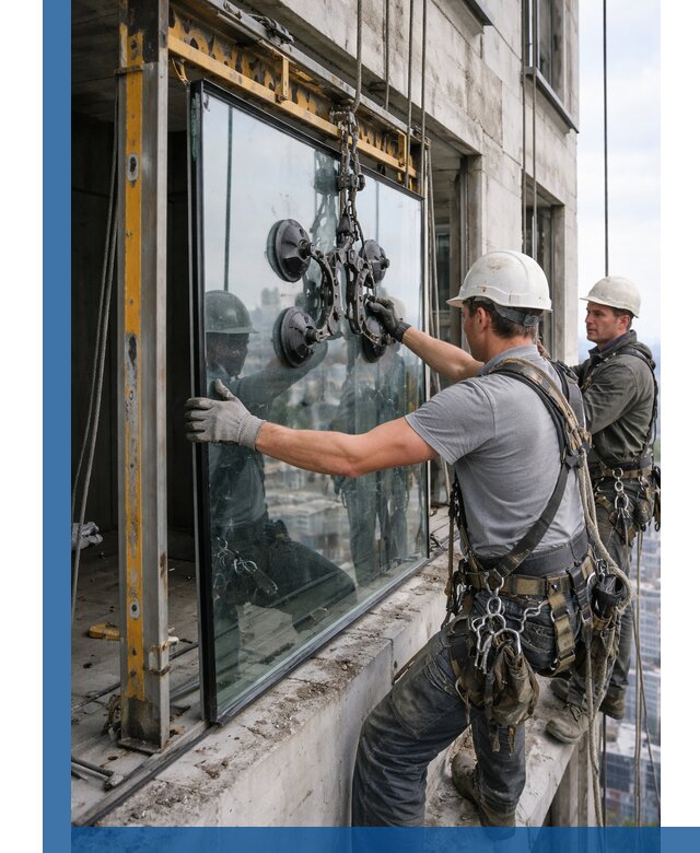 Монтаж стеклопакетов на высоте в Гудермесе с промышленным альпинизмом