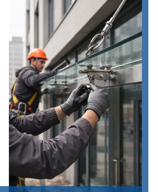 Монтаж стеклянных козырьков в Гудермесе от 8710 р. | ВЫСОТНИК-Гдр