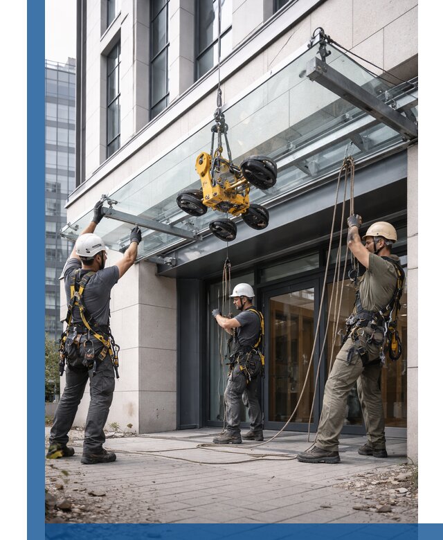 Монтаж стеклянных козырьков под ключ в Гудермесе для зданий