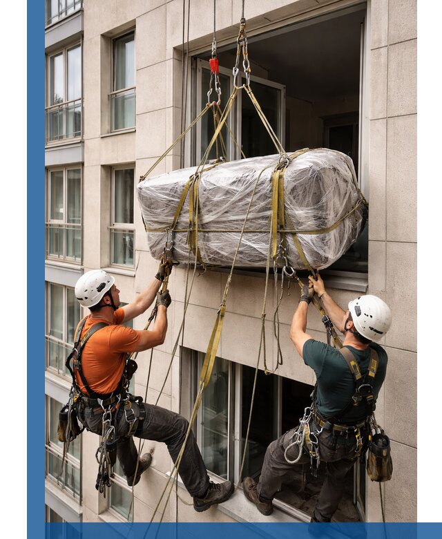 Подъем грузов через окно в Гудермесе промышленными альпинистами