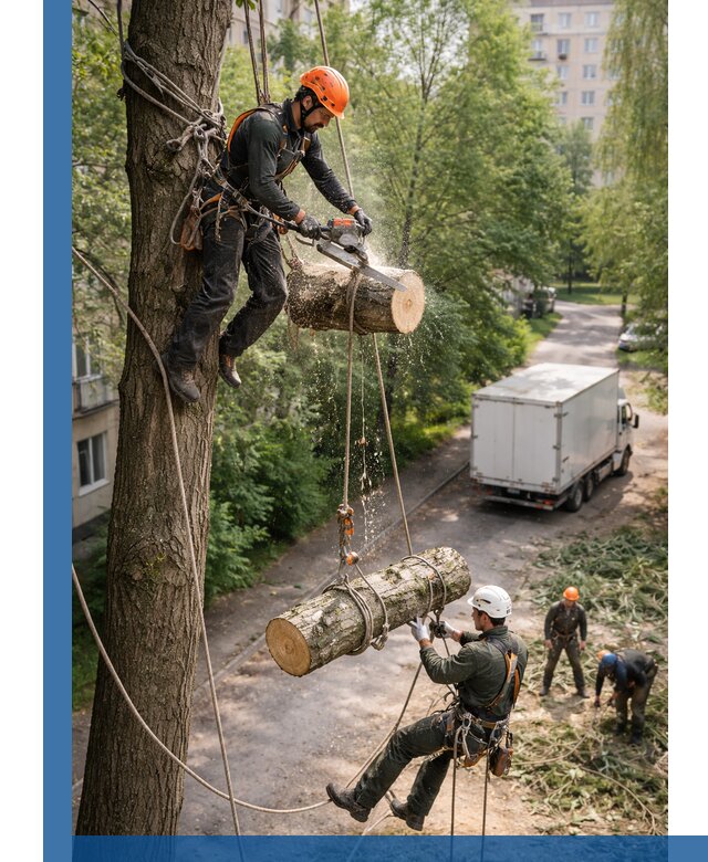 Спил деревьев альпинистами в Гудермесе, безопасно и без повреждений