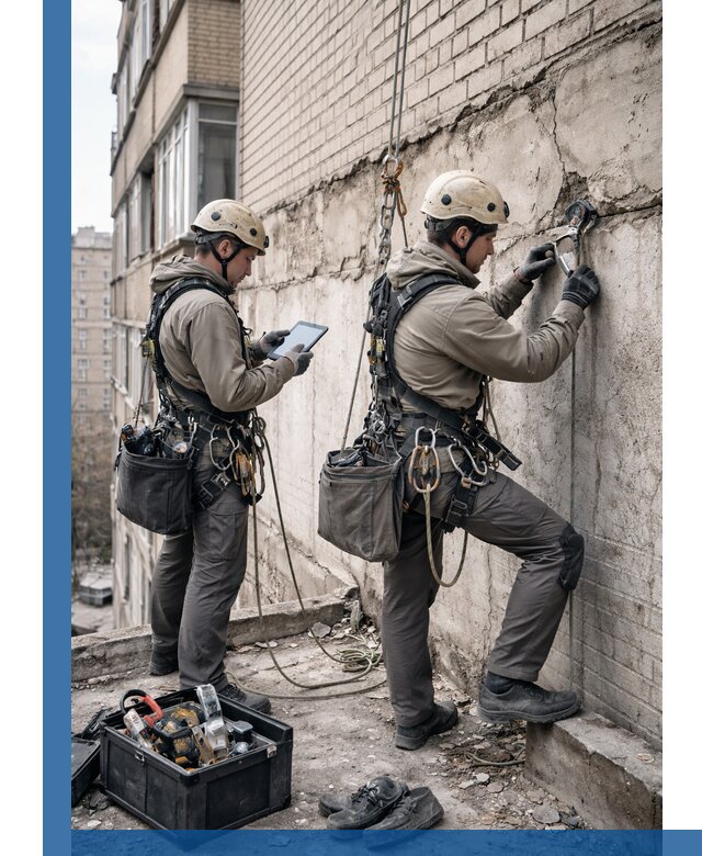 Обследование фасада промышленными альпинистами в Гудермесе